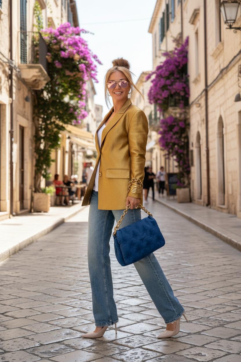 Пин содержит: Casual Chic Metallic Gold Blazer